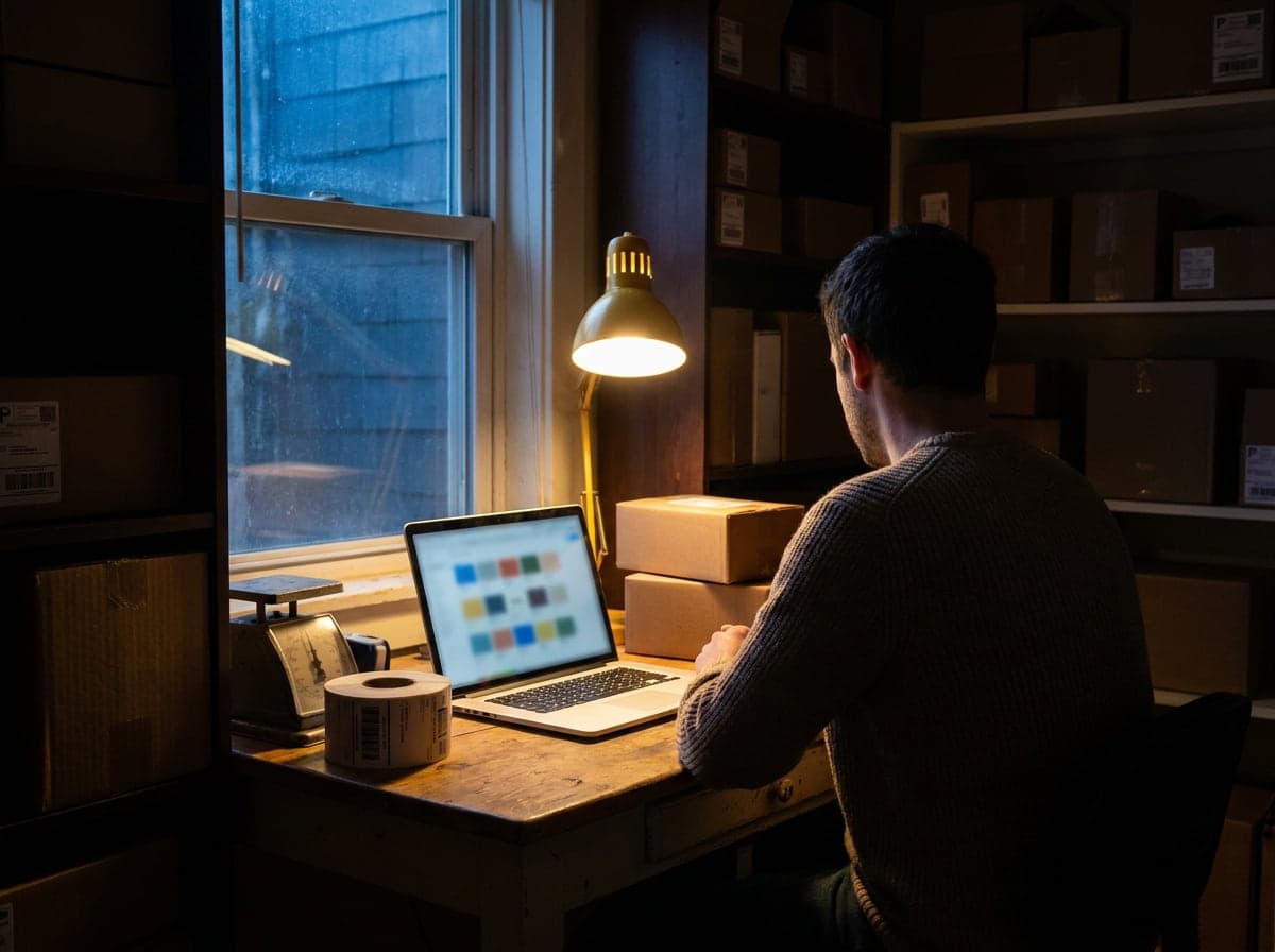 A desk in a small fulfillment space at dusk with a laptop and parcels