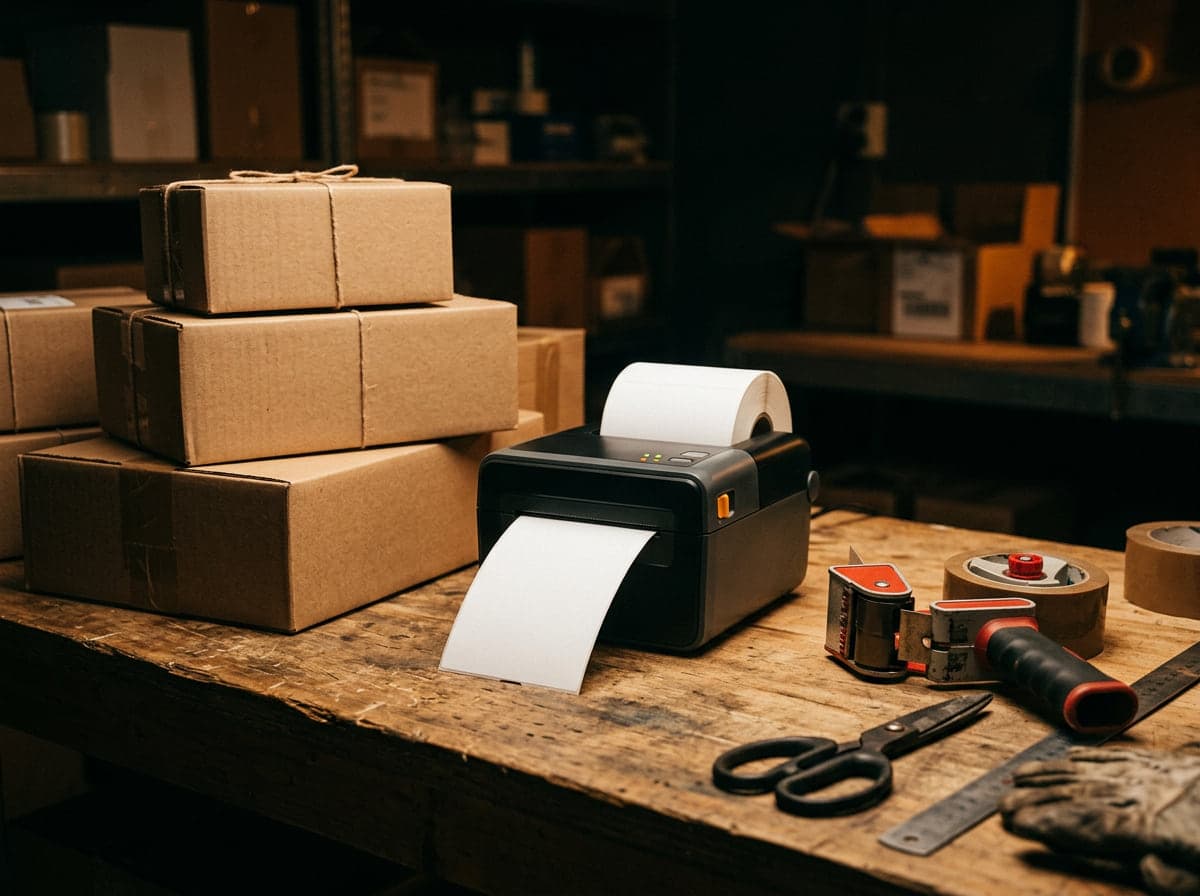 A packing workbench with a thermal shipping label printer and plain brown parcels