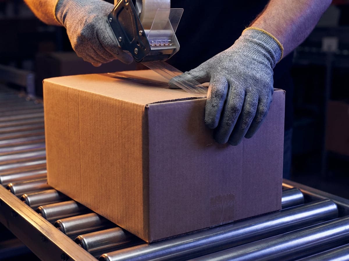 Gloved hands sealing a plain corrugated box on a roller conveyor