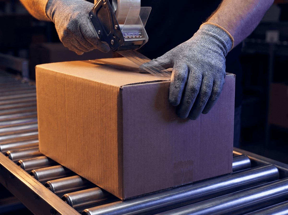 Gloved hands sealing a plain corrugated box on a roller conveyor