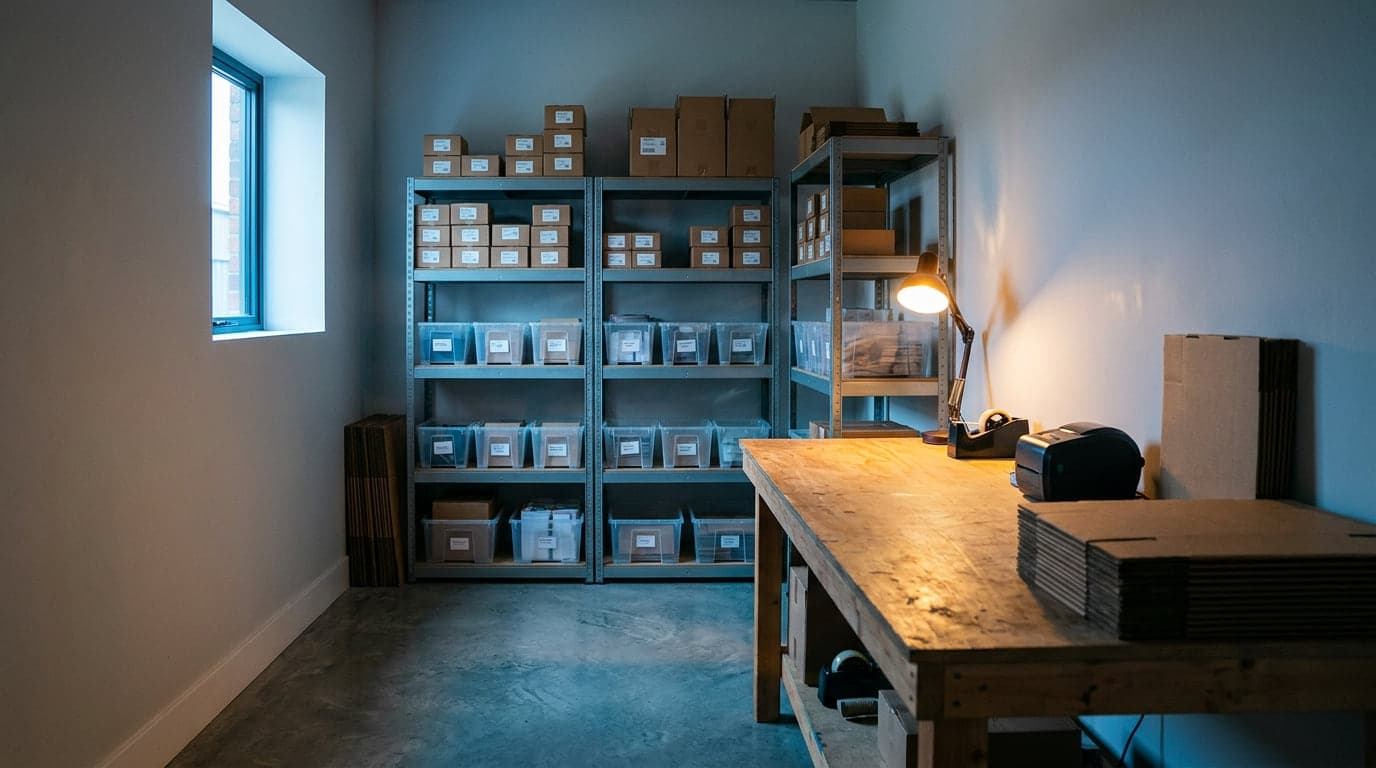 A small tidy fulfillment room with shelving, labeled bins and a packing workbench