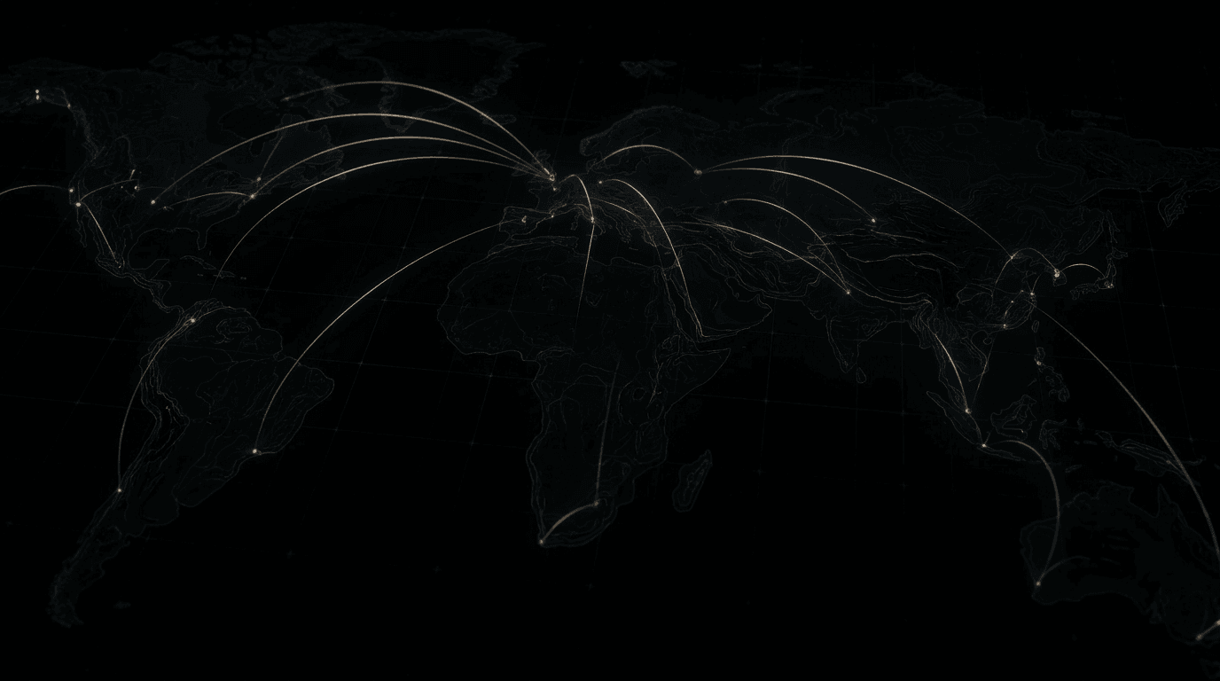 Abstract map of glowing freight route lines connecting nodes across a continent