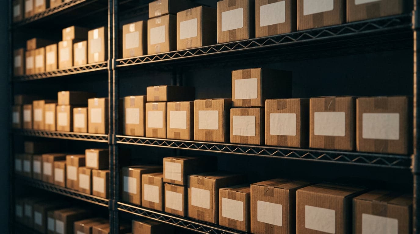 Rows of small labeled parcels arranged neatly on metal shelving