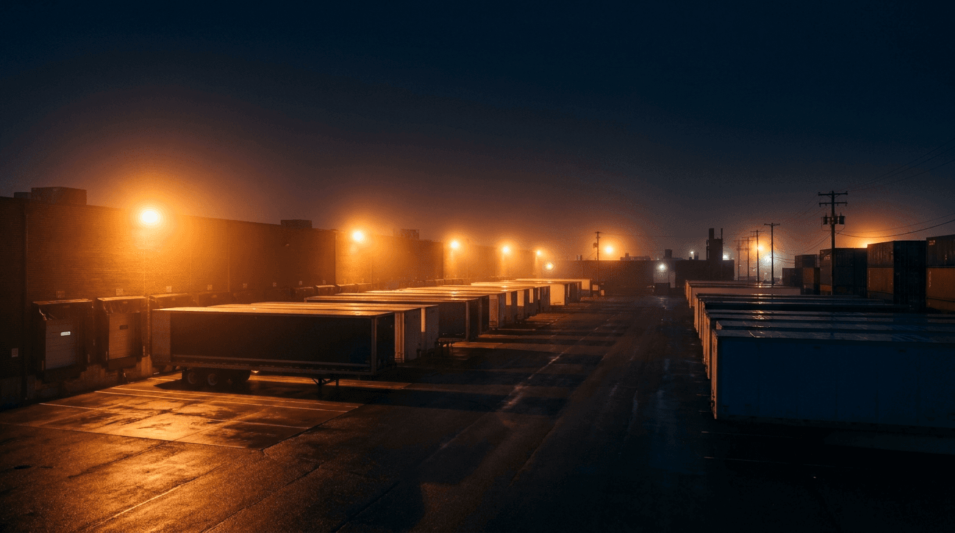Freight distribution yard at night with trailers backed into loading docks